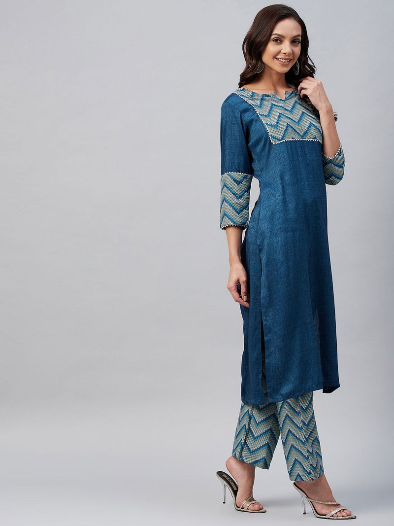 Blue And Yellow Chevron Printed Side Slit Straight Kurta Palazzo Set